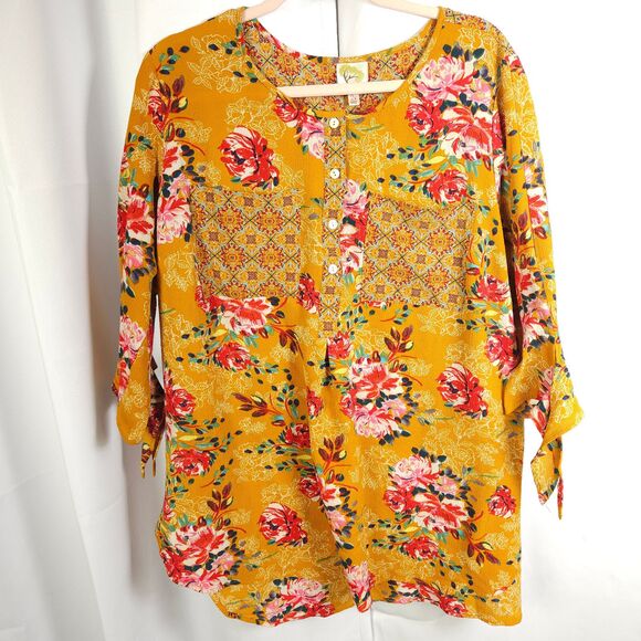 Fig and Flower Anthropologie Womens 2X Orange Colorful Floral 3/4 Sleeve Blouse - Picture 1 of 7